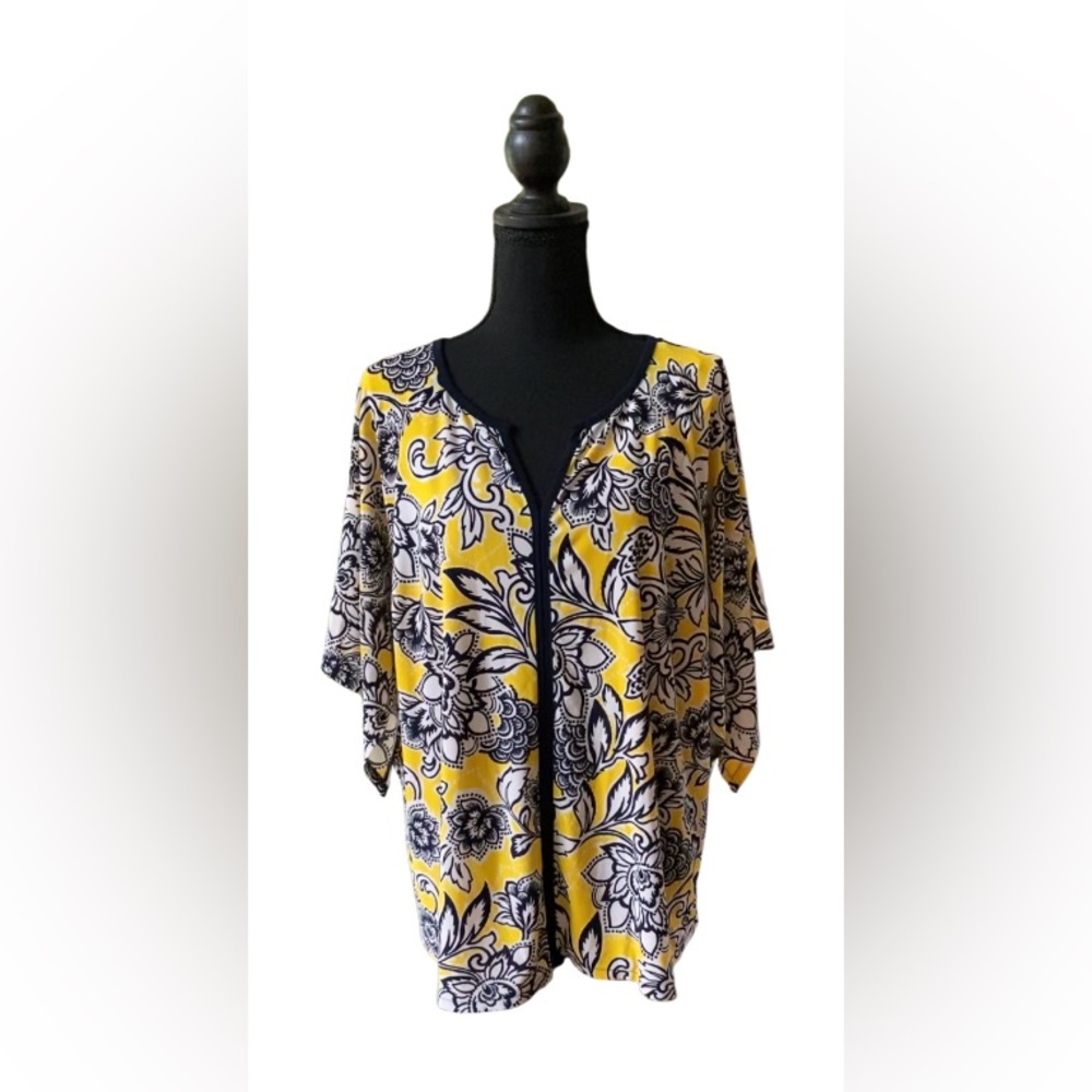 Roz & Ali: Floral Yellow, White and Black Top with Wide Waterfall Sleeves